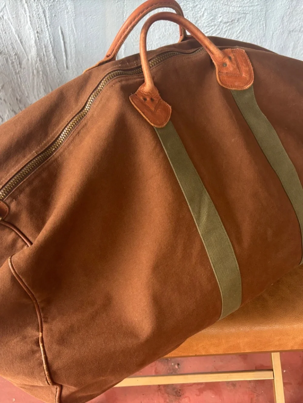 Vintage Extra Large LL Bean Canvas & Leather Zipper Duffle Bag 80s brown tote XL